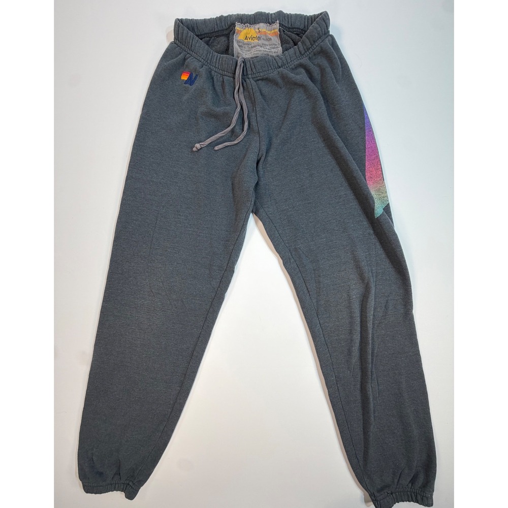 Aviator Nation Charcoal Gray Rainbow Lightning Bolt Sweatpants Joggers Small
